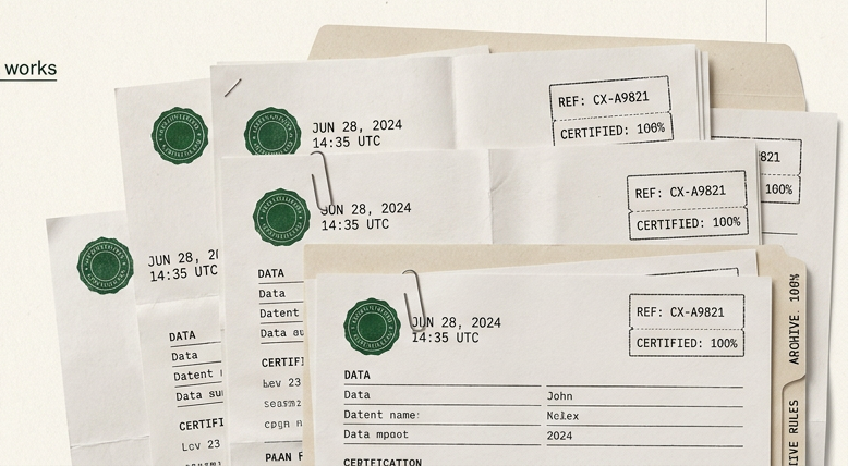 Stacked client records carrying green certification stamps and timestamps