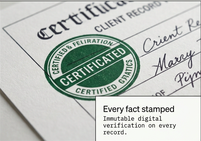 Macro shot of a printed client record carrying a green certification stamp